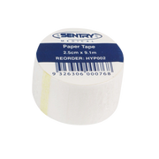Sentry Medical Paper Tape roll, size 2.5cm x 9.1m, shown with product label and barcode. Designed for gentle adhesion, ideal for securing dressings and medical applications.

