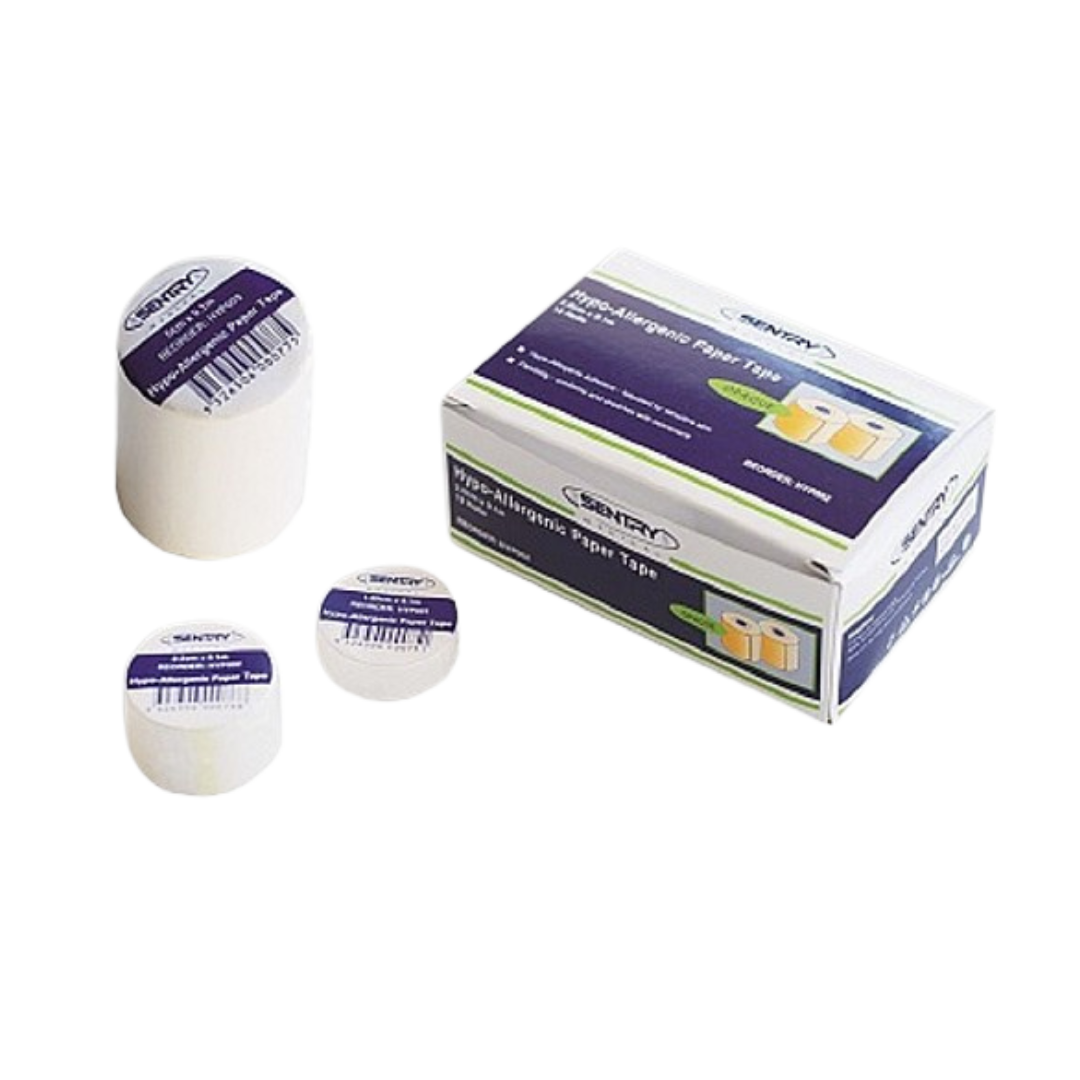 Sentry Medical Paper Tape set, a blue plastic tape dispenser, and the original packaging box. Ideal for gentle adhesion and secure dressing fixation.
