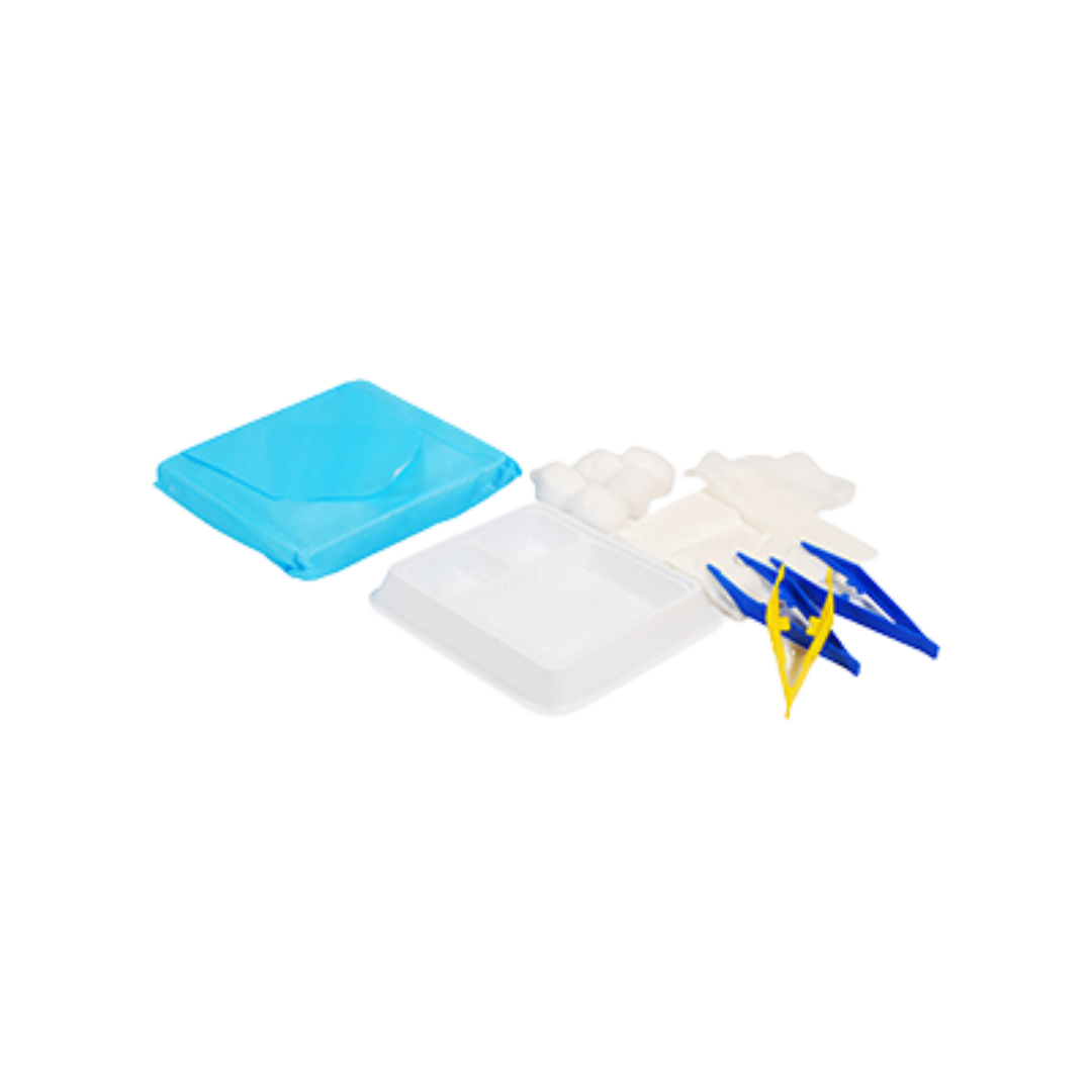 Unpacked contents of the Basic Dressing Pack Type 4, showing the blue wrapped sterile field, white dressing tray, cotton balls, gauze swabs, and disposable blue and yellow forceps.