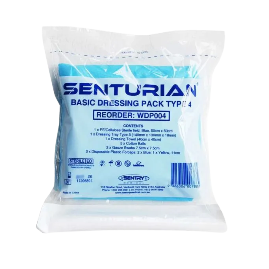 Packaging for SENTURIAN Basic Dressing Pack Type 4, Sterile (EO), contents include a blue sterile field, tray, towel, cotton balls, gauze, and forceps.
