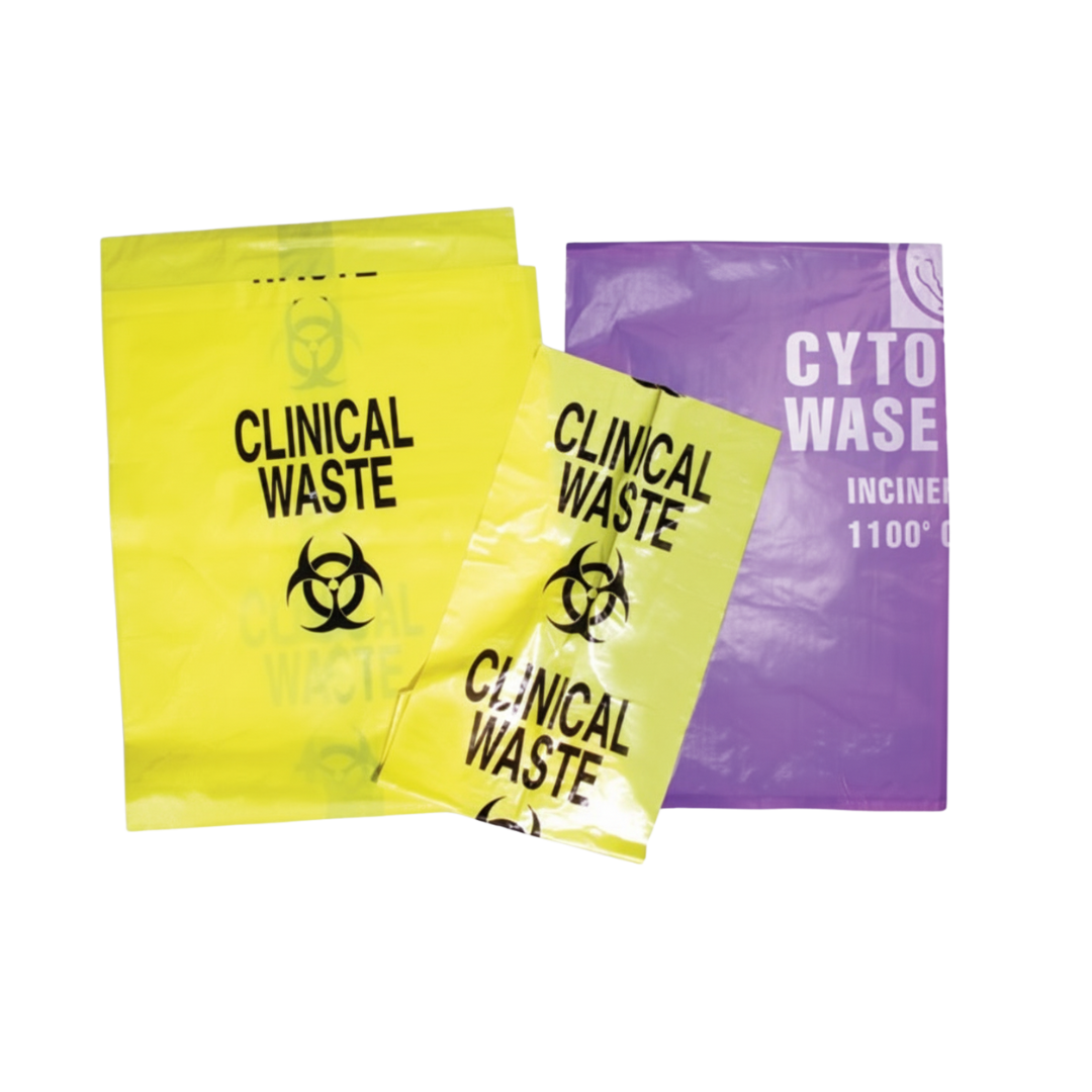 Three clinical waste disposal bags in yellow and purple colors. Two yellow bags are labeled "Clinical Waste" with biohazard symbols, and one purple bag is labeled "Cytotoxic Waste" with incineration instructions.
