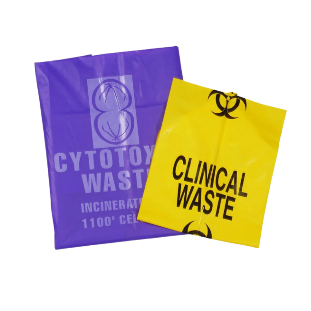 Yellow Senturian Clinical Waste Bag labeled "Clinical Waste" and purple bag labeled "Cytotoxic Waste" for safe disposal of hazardous materials.

