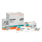 A collection of Smith & Nephew SECURA no-sting barrier film products, including a 28ml spray bottle, a box of 50 foam applicators (3ml), and a box of 50 individual wipes.