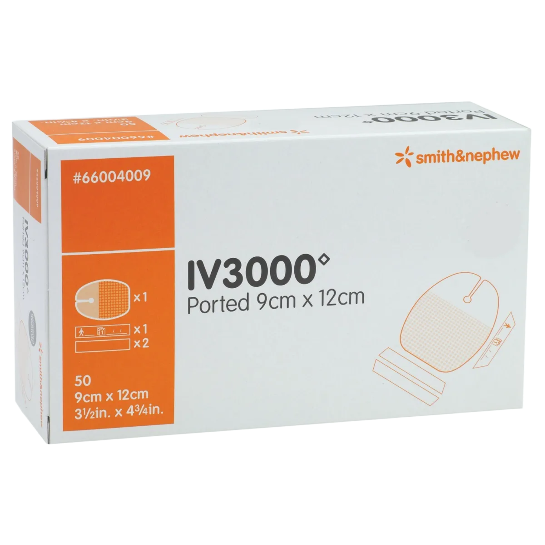 A white and orange box of Smith & Nephew IV3000 Ported clinical dressings, size 9cm x 12cm, containing 50 sterile units.