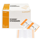 A box of Smith & Nephew IV3000 Standard dressings with an individual sterile packet and a unfolded 10x20cm transparent moisture-responsive film dressing.
