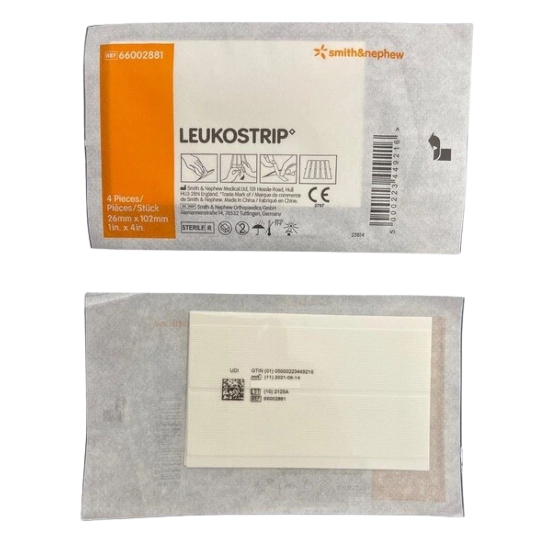Bulk box of Smith and Nephew Leukostrip skin closures containing 100 pieces (25 x 4 strips), size 26mm x 102mm (1in. x 4in.), product reference 66002881.