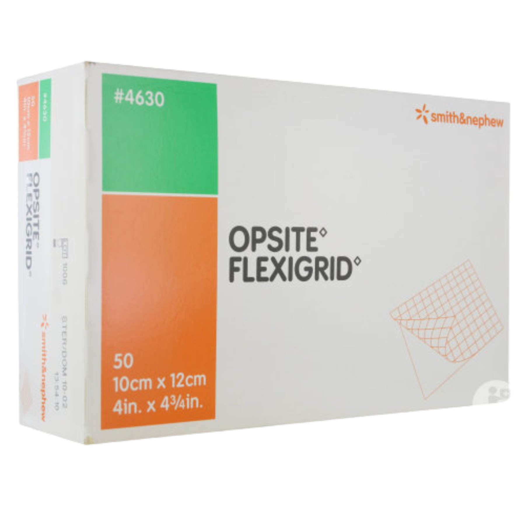 A box of 50 Smith & Nephew Opsite Flexigrid transparent film dressings (10cm x 12cm, Ref #4630) showing the moisture-vapor permeable material and green measurement grid icon.