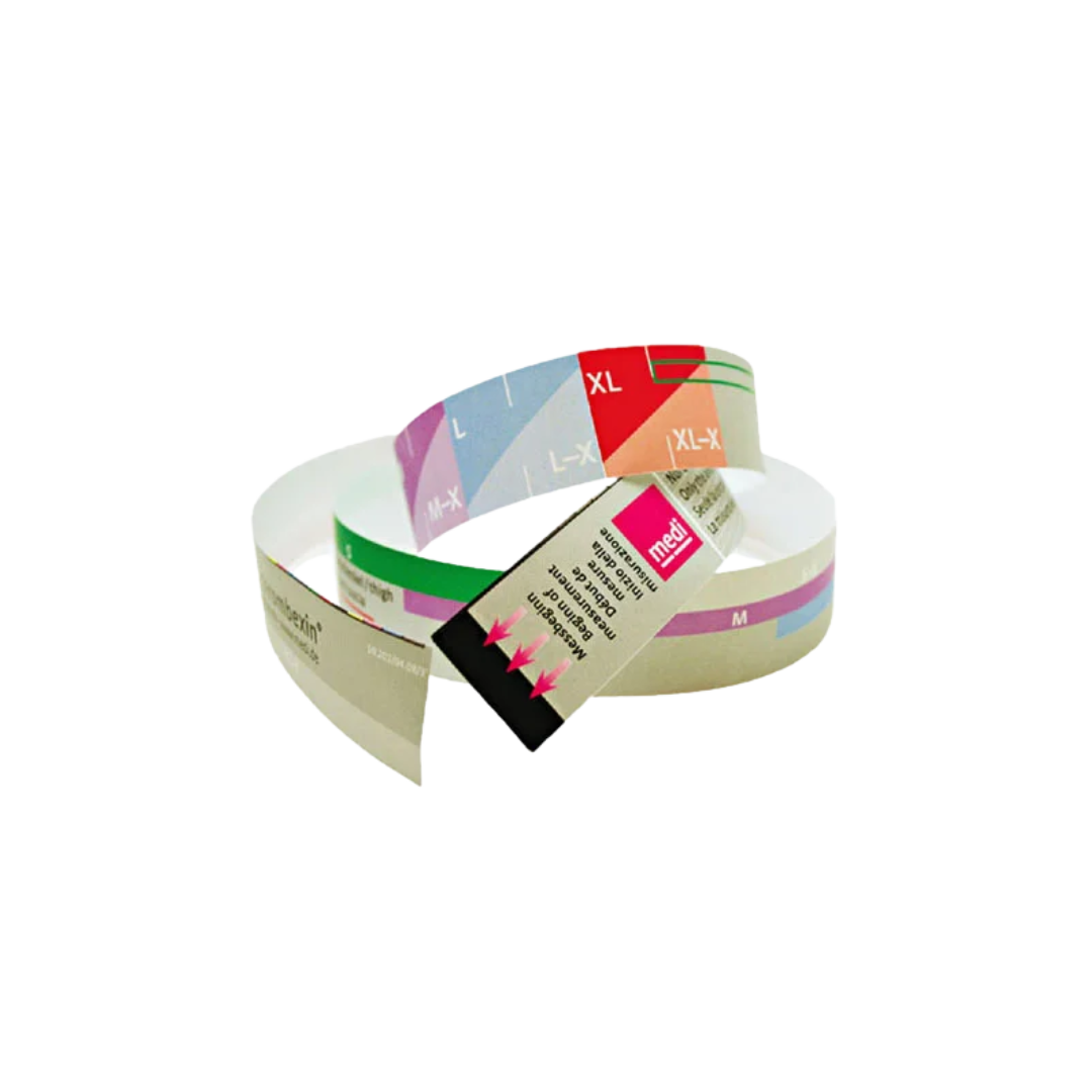 Sizing tape for accurate measurement of leg circumference to ensure proper fit of Thrombexin compression stockings.
