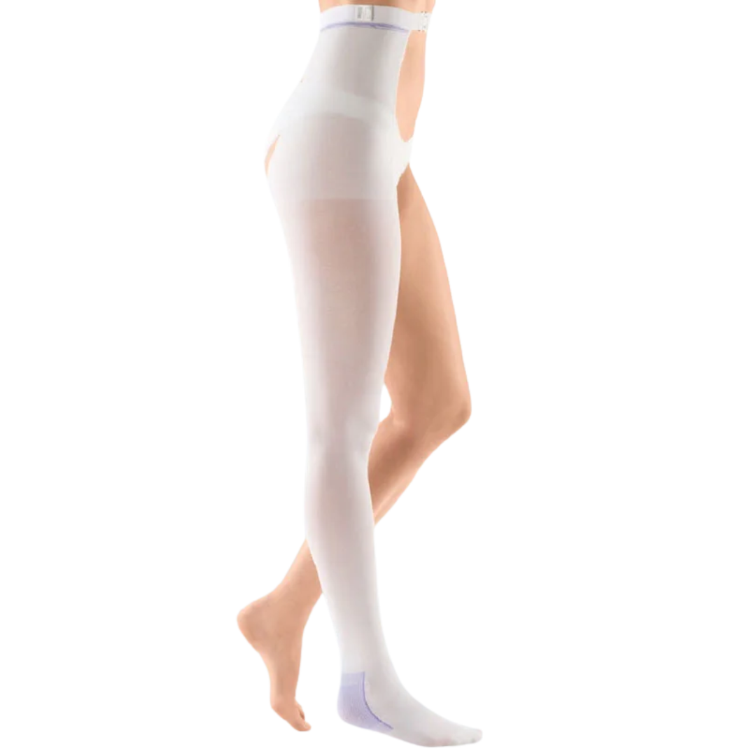 Thrombexin A-E thigh-length compression stockings with waist attachment, size small, designed for comfort and thrombosis prevention.
