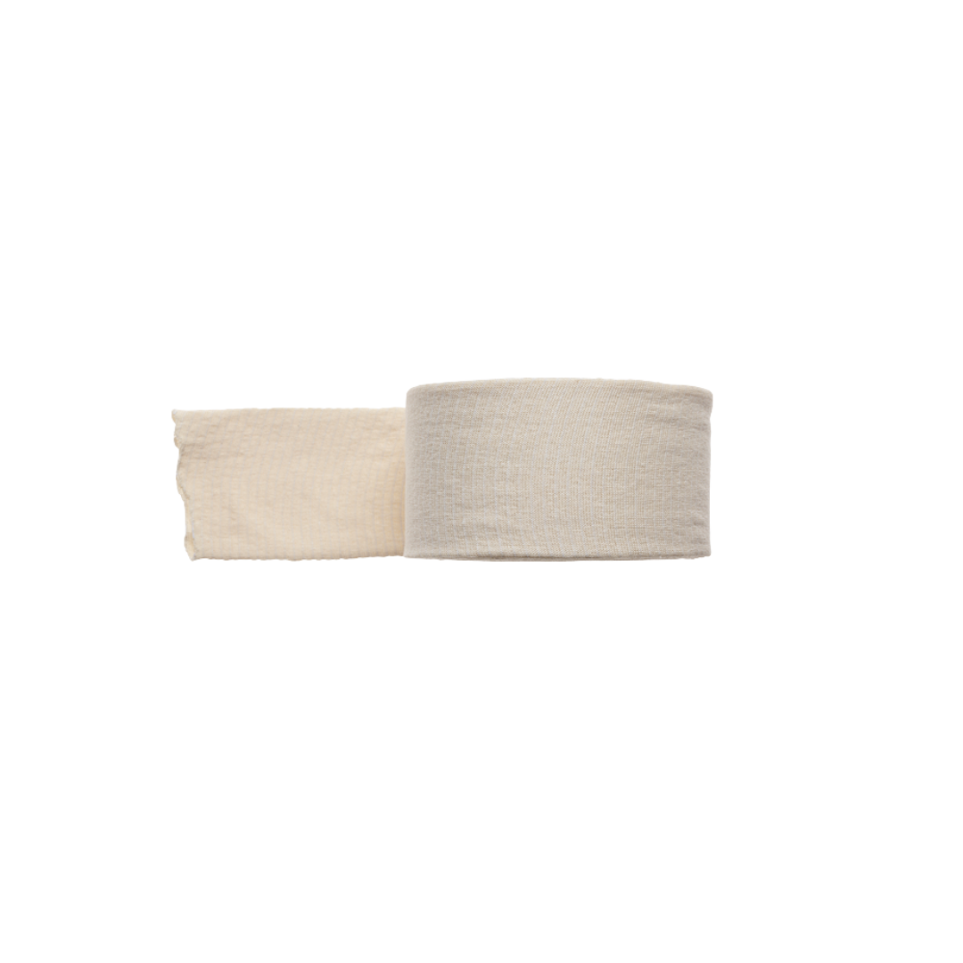 A roll of beige, unrolled elasticated tubular support bandage on a white background.